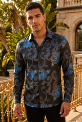 Vassari by Barabas Men's Floral Chess Chess Long Sleeve Shirt 2VS167 Black