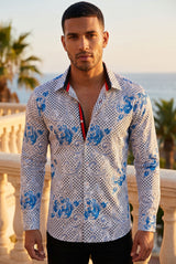 Vassari by Barabas Men's Floral Chess Chess Long Sleeve Shirt 2VS167 White