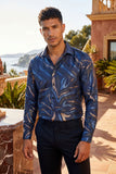 Men's Leaf Illustration Print Design Button Down Luxury Shirts 2VS178 Navy