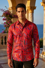 Men's Leaf Illustration Print Design Button Down Luxury Shirts 2VS178 Red 
