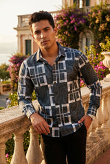 Men's Square Geometric Print Design Button Down Luxury Shirts 2VS179 Black