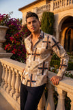 Men's Square Geometric Print Design Button Down Luxury Shirts 2VS179 Cream