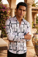 Men's Square Geometric Print Design Button Down Luxury Shirts 2VS179 White 