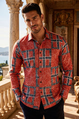Men's Square Geometric Print Design Button Down Luxury Shirts 2VS179 Wine
