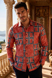 Men's Square Geometric Print Design Button Down Luxury Shirts 2VS179 Wine