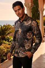Men's Roses Floral Print Design Button Down Luxury Shirts 2VS180 Black