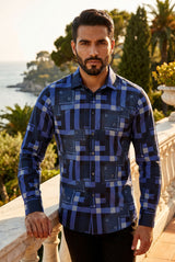 Vassari Men's Printed Checkered Plaid Long Sleeve Shirts 2VSR165 Navy