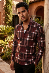 Vassari Men's Printed Checkered Plaid Long Sleeve Shirts 2VSR165 Wine