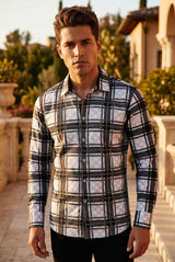 Vassari Men's Printed Checkered Plaid Long Sleeve Shirts 2VSR169 White Black