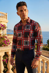 Vassari Men's Printed Checkered Plaid Long Sleeve Shirts VSR175 Black
