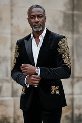 Barabas Wholesale Men's Jewels Rhinestone Studs Peak Lapel Velvet Blazer 2BLR2 Black Gold
