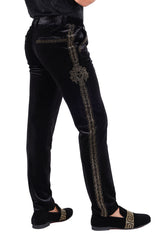 Barabas Men's Medusa Greek key Print Rhinestones Velvet Pants 2CPV10 Black and Gold