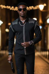 Barabas Wholesale Men's Studded Premium Solid Long Sleeve Shirts 3B24 Black Silver