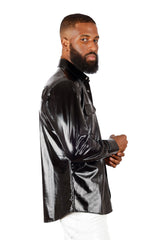 Barabas Wholesale Men's Shiny Metallic Stretch Long Sleeve Shirts 3B28 Black