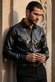 Barabas Wholesale Men's Shiny Metallic Stretch Long Sleeve Shirts 3B28 Black