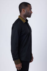Barabas Wholesale Men's Rhinestone Collar Cuff Long Sleeve Shirt 3B29 Black Gold