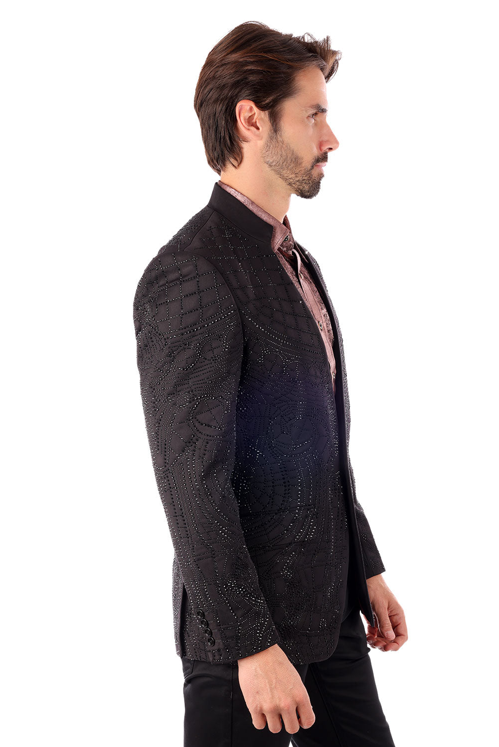 Barabas Men's Geometric Studded Henley Lapel Blazer 3BLR14 Black