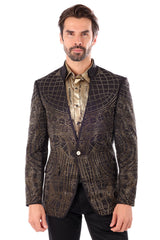 Barabas Wholesale Men's Geometric Studded Henley Lapel Blazer 3BLR14 Black Gold