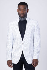 Barabas Men's Geometric Studded Henley Lapel Blazer 3BLR14 White