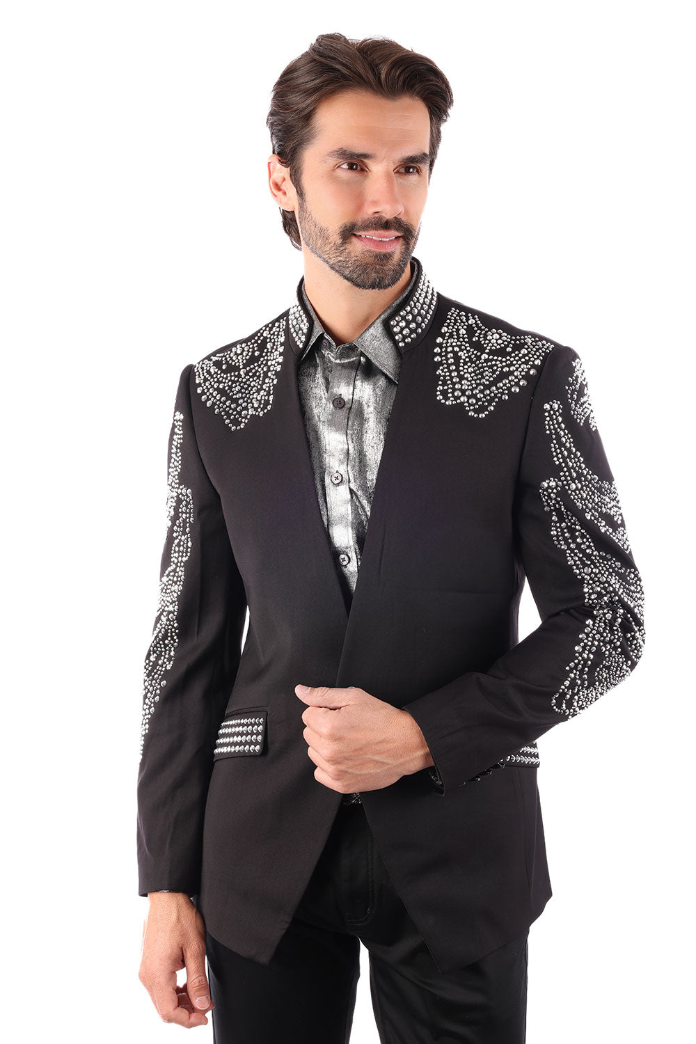 Barabas Men's Rhinestone Spike Floral Henley Lapel Blazer 3BLR18 Black Silver