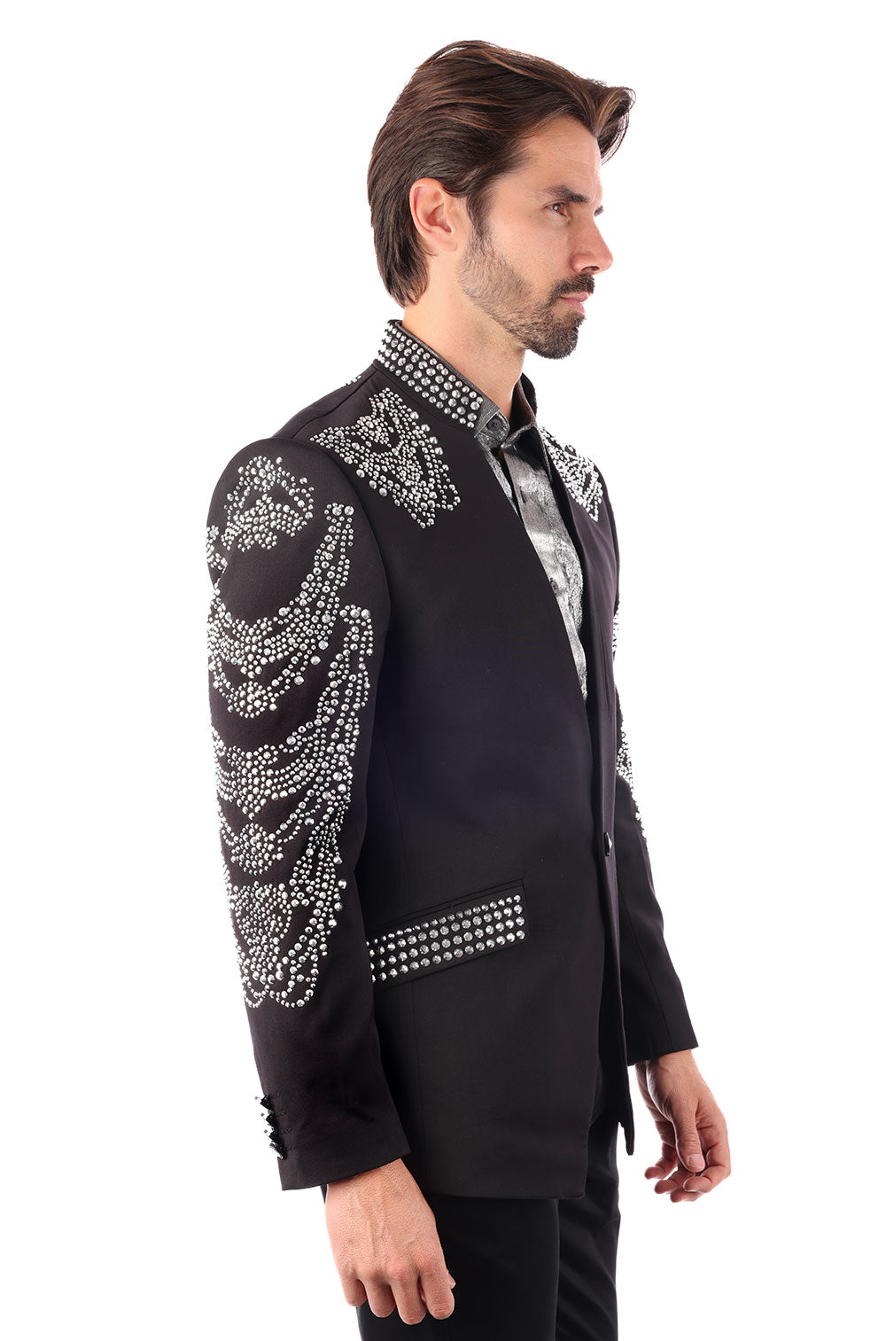 Barabas Men's Rhinestone Spike Floral Henley Lapel Blazer 3BLR18 Black Silver