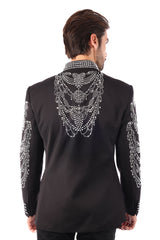 Barabas Men's Rhinestone Spike Floral Henley Lapel Blazer 3BLR18 Black Silver