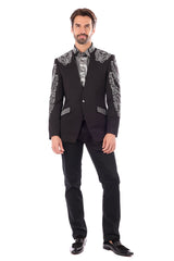 Barabas Men's Rhinestone Spike Floral Henley Lapel Blazer 3BLR18 Black Silver