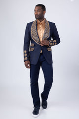 Barabas Wholesale Elite Men's Rhinestone Luxury Shawl Collar Blazer 3EBL14 Navy Gold