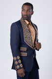 Barabas Wholesale Elite Men's Rhinestone Luxury Shawl Collar Blazer 3EBL14 Navy Gold