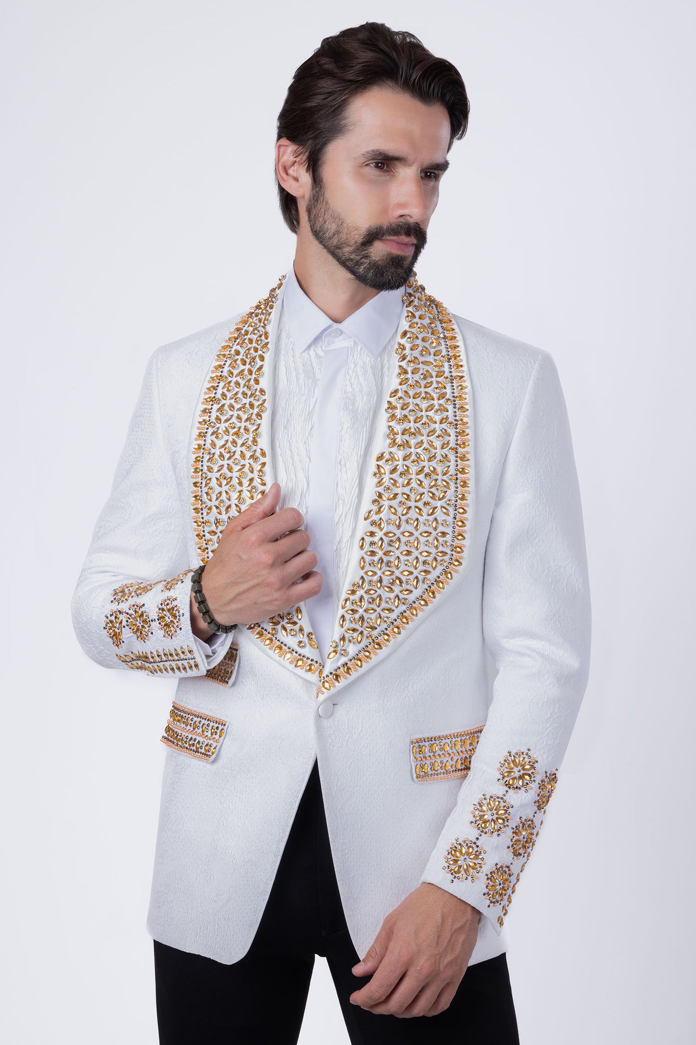 Barabas Wholesale Elite Men's Rhinestone Luxury Shawl Collar Blazer 3EBL14 White Gold