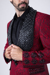 Barabas Wholesale Elite Men's Rhinestone Floral Luxury Shawl Lapel Blazer 3EBL15 Red Black