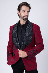 Barabas Wholesale Elite Men's Rhinestone Floral Luxury Shawl Lapel Blazer 3EBL15 Red Black