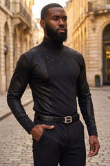 BARABAS Men's Luxury Rhinestone Long Sleeve Turtle Neck shirt 3MT04 Black and Black