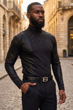 BARABAS Men's Luxury Rhinestone Long Sleeve Turtle Neck shirt 3MT04 Black and Black