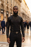 BARABAS Men's Luxury Rhinestone Long Sleeve Turtle Neck shirt 3MT04 Black and Gold