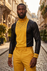 BARABAS Men's Luxury Rhinestone Long Sleeve Turtle Neck shirt 3MT04 Black and Mustard