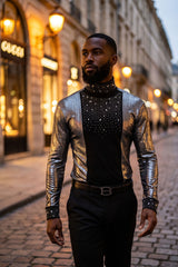 BARABAS Men's Luxury Rhinestone Long Sleeve Turtle Neck shirt 3MT04 Black and Silver
