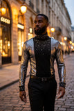 BARABAS Men's Luxury Rhinestone Long Sleeve Turtle Neck shirt 3MT04 Black and Silver