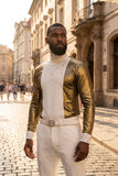 BARABAS Men's Luxury Rhinestone Long Sleeve Turtle Neck shirt 3MT04 Gold and White