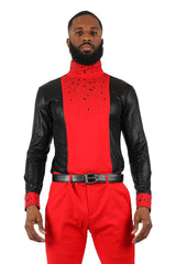 BARABAS Men's Luxury Rhinestone Long Sleeve Turtle Neck shirt 3MT04 Black and Red
