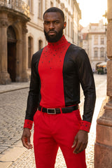 BARABAS Men's Luxury Rhinestone Long Sleeve Turtle Neck shirt 3MT04 Red and Black