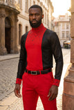BARABAS Men's Luxury Rhinestone Long Sleeve Turtle Neck shirt 3MT04 Red and Black