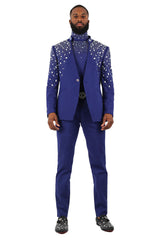 BARABAS Men's Luxury Rhinestone Long Sleeve Turtle Neck shirt 3MT04 Silver and Royal