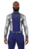 BARABAS Men's Luxury Rhinestone Long Sleeve Turtle Neck shirt 3MT04 Silver and Royal