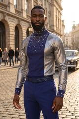 BARABAS Men's Luxury Rhinestone Long Sleeve Turtle Neck shirt 3MT04 Silver and Royal