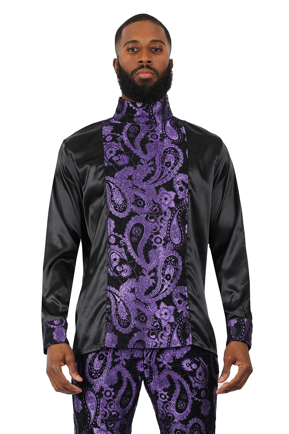 BARABAS Men's Paisley Long Sleeve Turtle Neck shirt 3MT05 Black and Purple