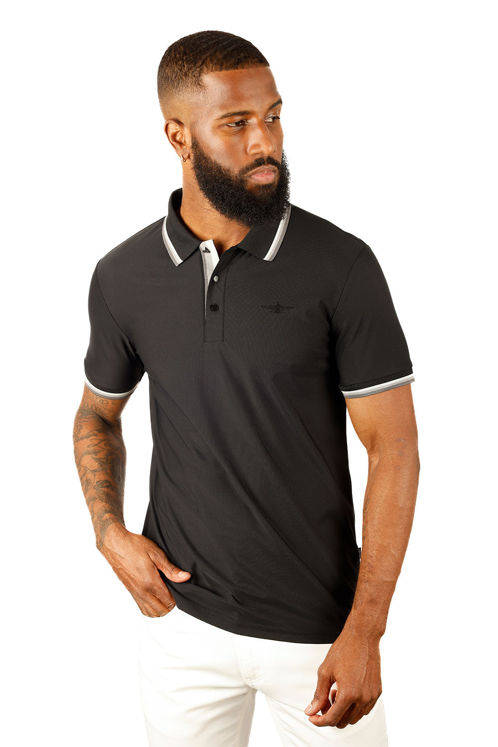Barabas Wholesale Men's Solid Color Linear Collar and Cuff Polo Shirts 3PS127 Black