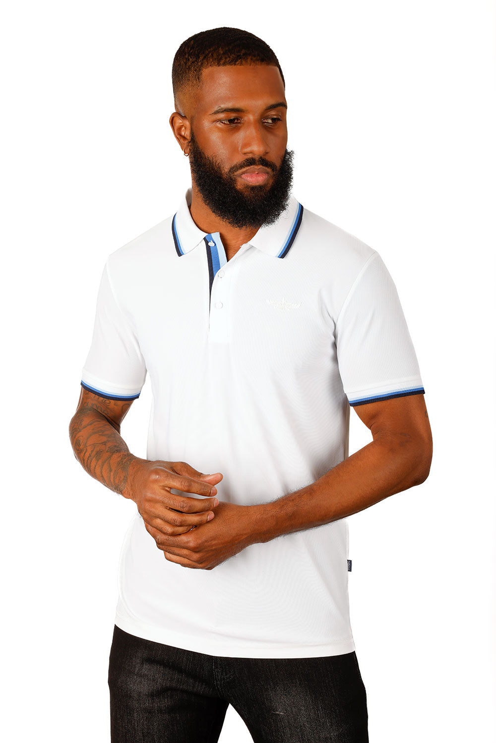 Barabas Wholesale Men's Solid Color Linear Collar and Cuff Polo Shirts 3PS127 White