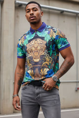 Barabas men's Floral Angry Tiger Graphic Tee Polo Shirts 3PSP00 Gold Navy