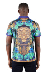 Barabas men's Floral Angry Tiger Graphic Tee Polo Shirts 3PSP00 Gold Navy